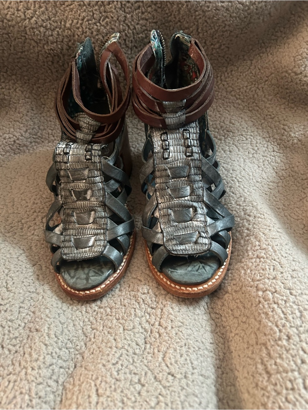 Freebird by Steven Turquoise Braided Gladiator Sandals with Brown Ankle Wrap